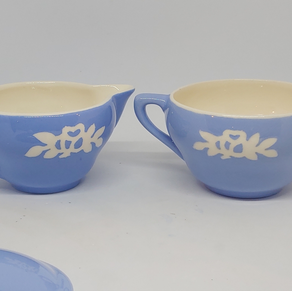 Harker Pottery White Rose Carv-Kraft Creamer and Sugar Bowls Powder Blue Vintage